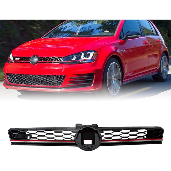Black Front Bumper Upper Grille Compatible with Volkswagen 2017 2018 2019 VW Golf MK7 7.5 GTI Style Mesh Honeycomb w/Red Trim