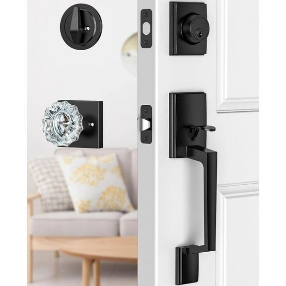 Black Front Door Handle and Deadbolt Set, Front Door Lock Set with Crystal Glass Door Knob, Exterior Door Lock Set with Single Cylinder, Reversible for Right & Left, Matte Black