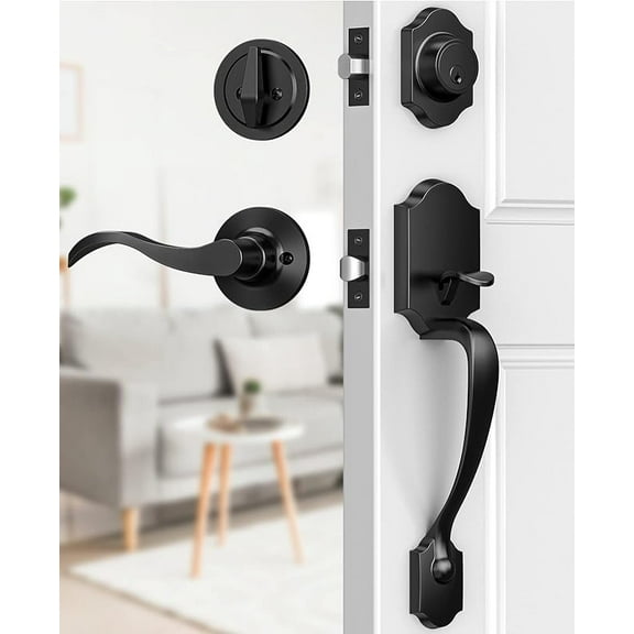 MY Black Front Door Handle, Matte Black Exterior Door Handle with Door Lever, Modern Front Door Lock Set, Adjustable Deadbolt with Single Cylinder, Reversible for Right&Left