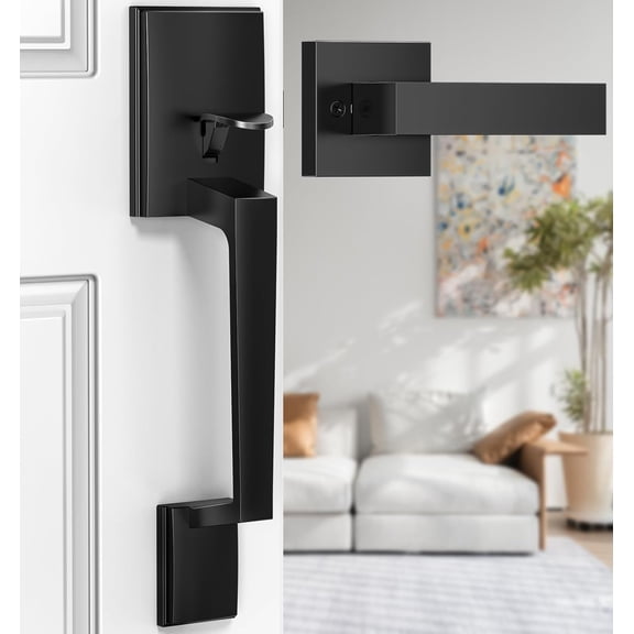 Black Front Door Handle, Modern Exterior Door Handle with Passage Lever, Front Entry Door Handle No Lock, Reversible for Left & Right Hand Door, Lower Half Grip