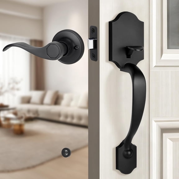 Black Front Door Handle Set with Passage Lever,Deadbolt Not Included,Exterior Door Handleset for Single Cylinder or Smart Deadbolts, Matte Black