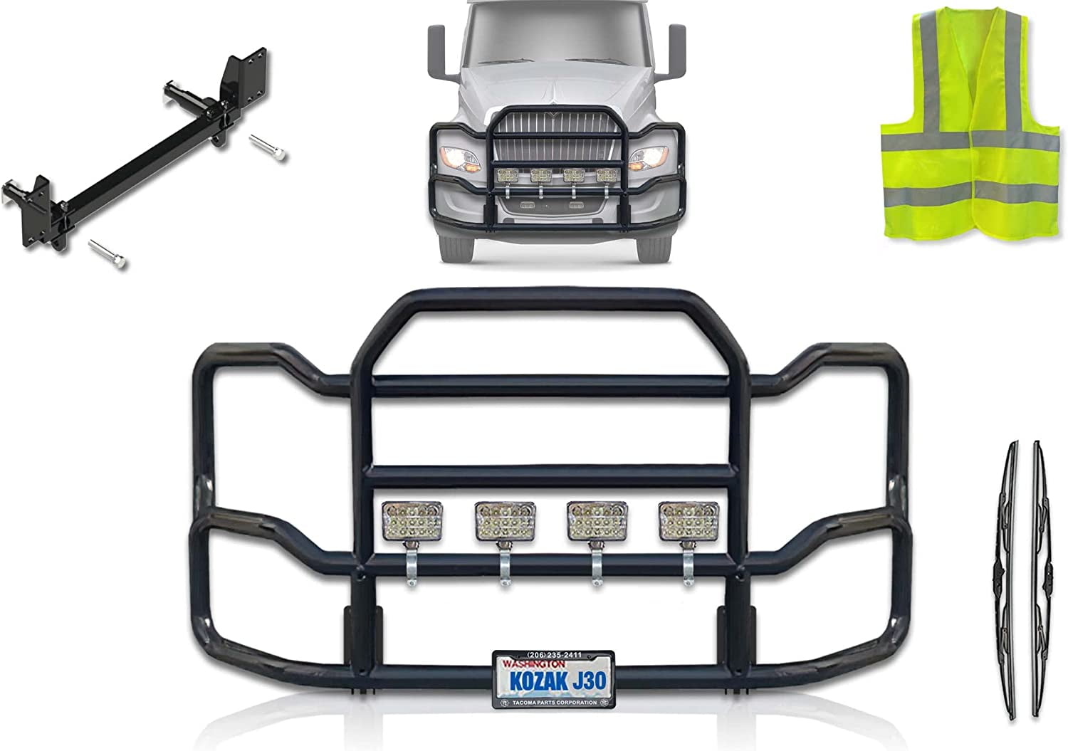 International Prostar Front Grille Guard With 22" LED Light Bar - Black Deer Brush Guard