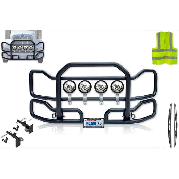 Black Front Grille Deer Moose Brush Bumper Guard Large w/4x 6" LED Lights w/Brackets Compatible with Peterbilt 386