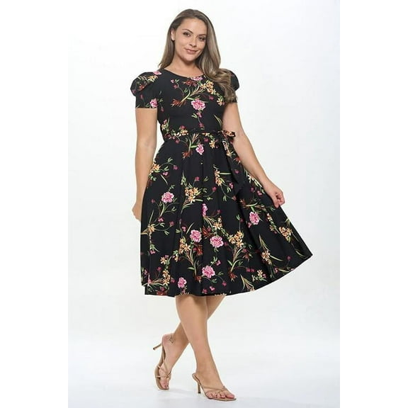 Black Fuchsia 1x-2x Plus Size Women's Short Puff Sleeve Midi Floral Cocktail Flare Tea Party, Formal and Casual Dresses