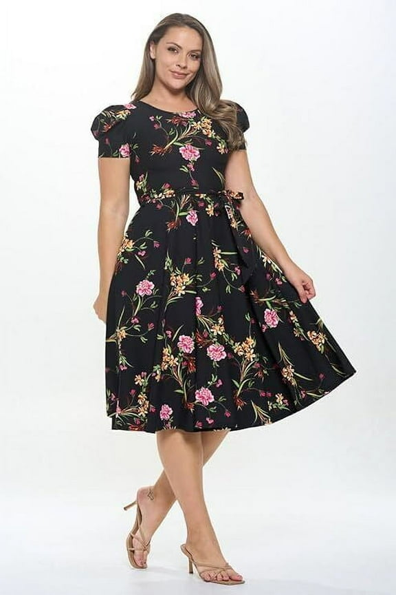 Black Fuchsia 1x-2x Plus Size Women's Short Puff Sleeve Midi Floral Cocktail Flare Tea Party, Formal and Casual Dresses