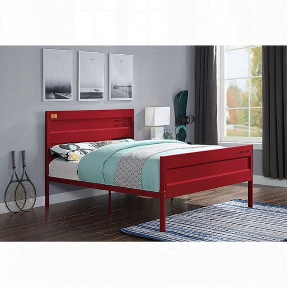Red Full Platform Bed with Industrial Aesthetic Design and Rectangular Headboard