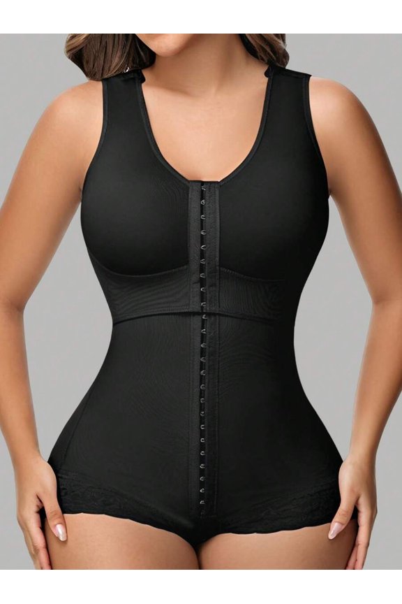 Black Full Body Shaper High Compression Bodysuit With Front Hook Closure