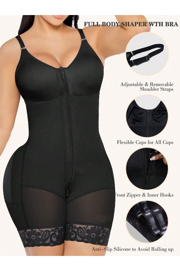 Black Full Body Shaper With Bra Front Zipper Adjustable Straps
