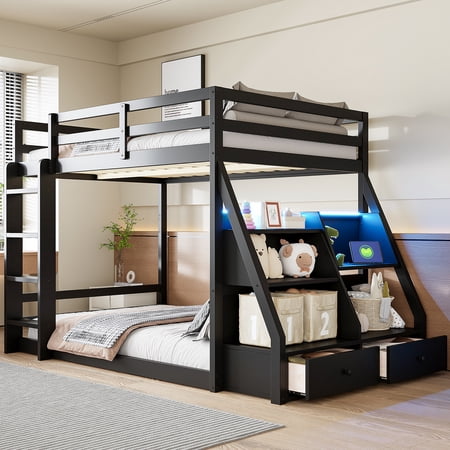 Black Full Bunk Bed with APP-Controlled LED Lights USB Ports Storage – for Home – Height: 55.9"H – Width: 56.7"W