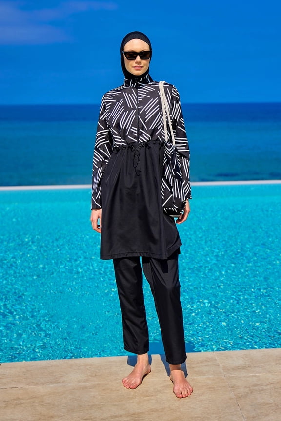 Black Full Coverage Modest Swimwear Set For Women R2509