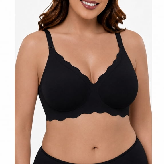 CucumberDay Wireless Bras for Women Plus Size Full Coverage T-Shirt Bra with Soft Support Wide Side Wings, U-Back Comfort Seamless Bra, Black, M