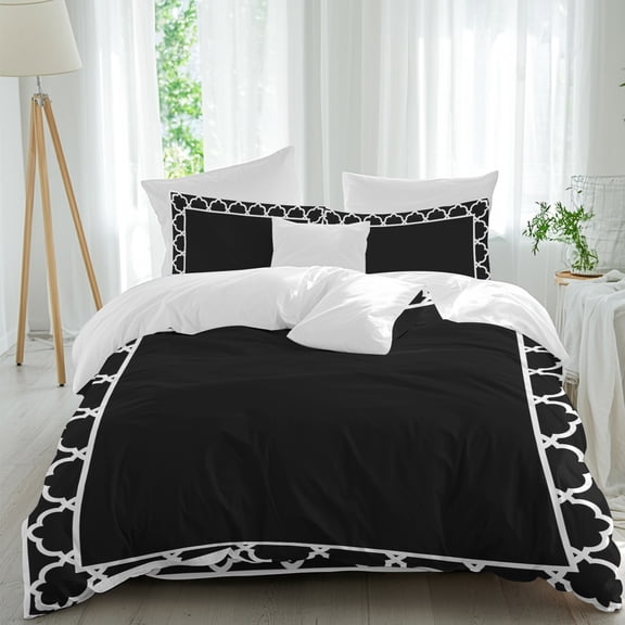 Black Full Duvet Cover Set, Geometric Morocco Printed Border Modern Rustic Noir Dark 4 Piece Microfiber Bedding Set with Zipper Closure, Bed Sheet and 2 Pillow Shams, Soft Bedding Cover