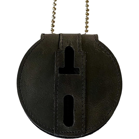 Black Full Grain Leather Round Law Enforcement Badge Holder with Belt Clip - Optional Use Around The Neck