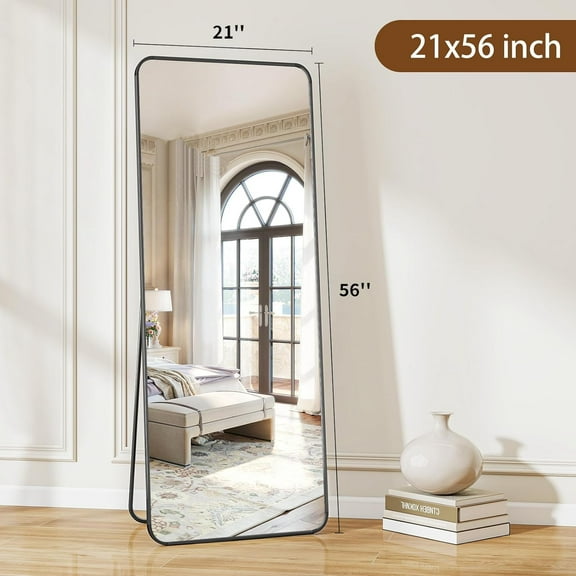 Black Full Length Mirror, 56"x21" Rounded Corner Floor Mirror Standing Hanging or Leaning Against Wall, Suitable for Bedroom or Dressing Room