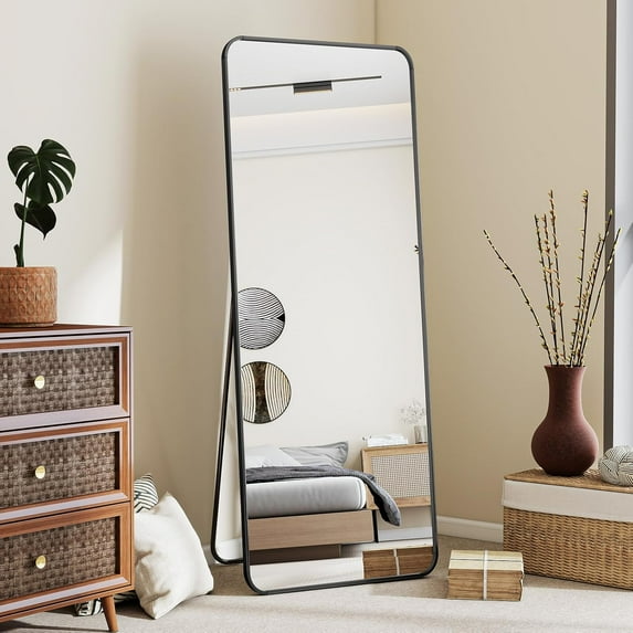 Black Full Length Mirror with Rounded Corners, 56x21inch Floor Standing Mirror for Bedroom or Dressing Room