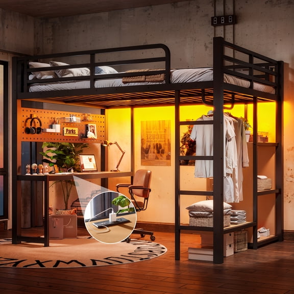 Black Full Loft Bed with Storage Shelves and Desk Metal Loft Bed with USB Mdf, Ultra-Soft, Modern Style, for Bedroom