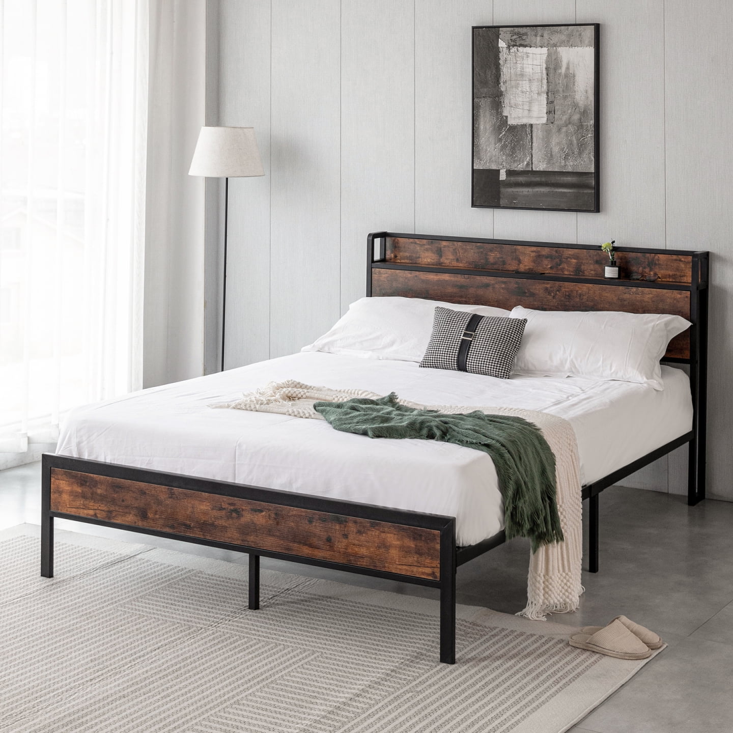 Black Full Metal Bed Frame, Rustic Bed Base with 12 Inches of Vertical