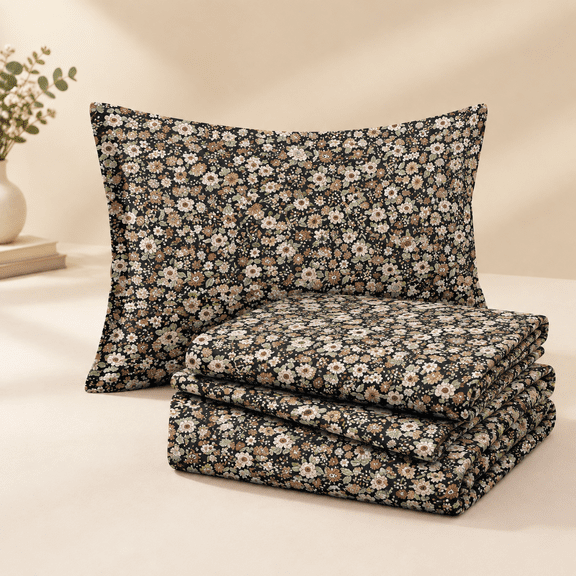 Black Full Size 4-Piece Floral Printed Sheet Set, Brushed Polyester Bedding with Deep Pockets