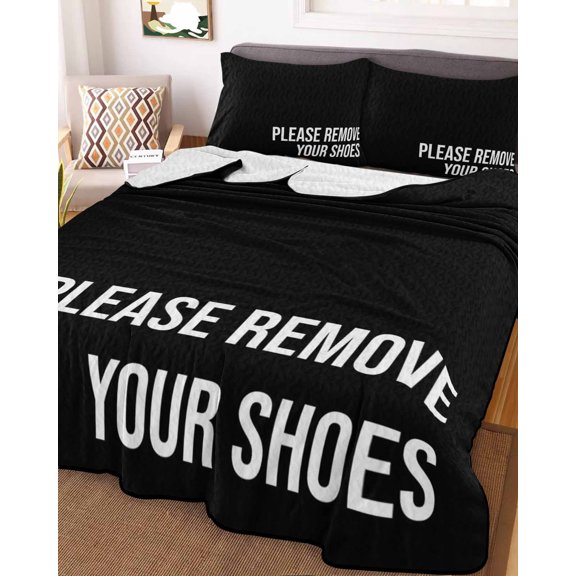 Black Full Size Down Alternative Comforter, Lightweight Comforter Quilt Bedding Set with Pillow Shams Funny Letters Please Remove Your Shoes All Seasons Bed Comforter Duvet Insert 78"x90"