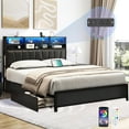 Black Full Size Bed Frame with Bookcase PU Headboard & 4 Drawers