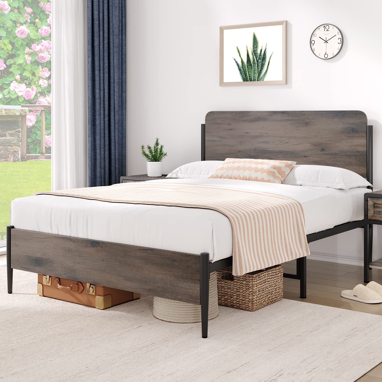 Black Full Size Bed Frames with Wood Headboard and Footboard, Heavy Duty Platform Bed Frame with