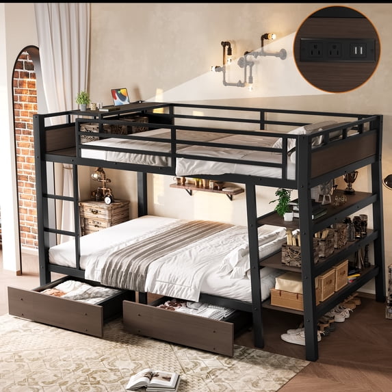 Mdf Tech Black Full Size Metal Bunk Bed with Storage Shelves LED light strip and ...