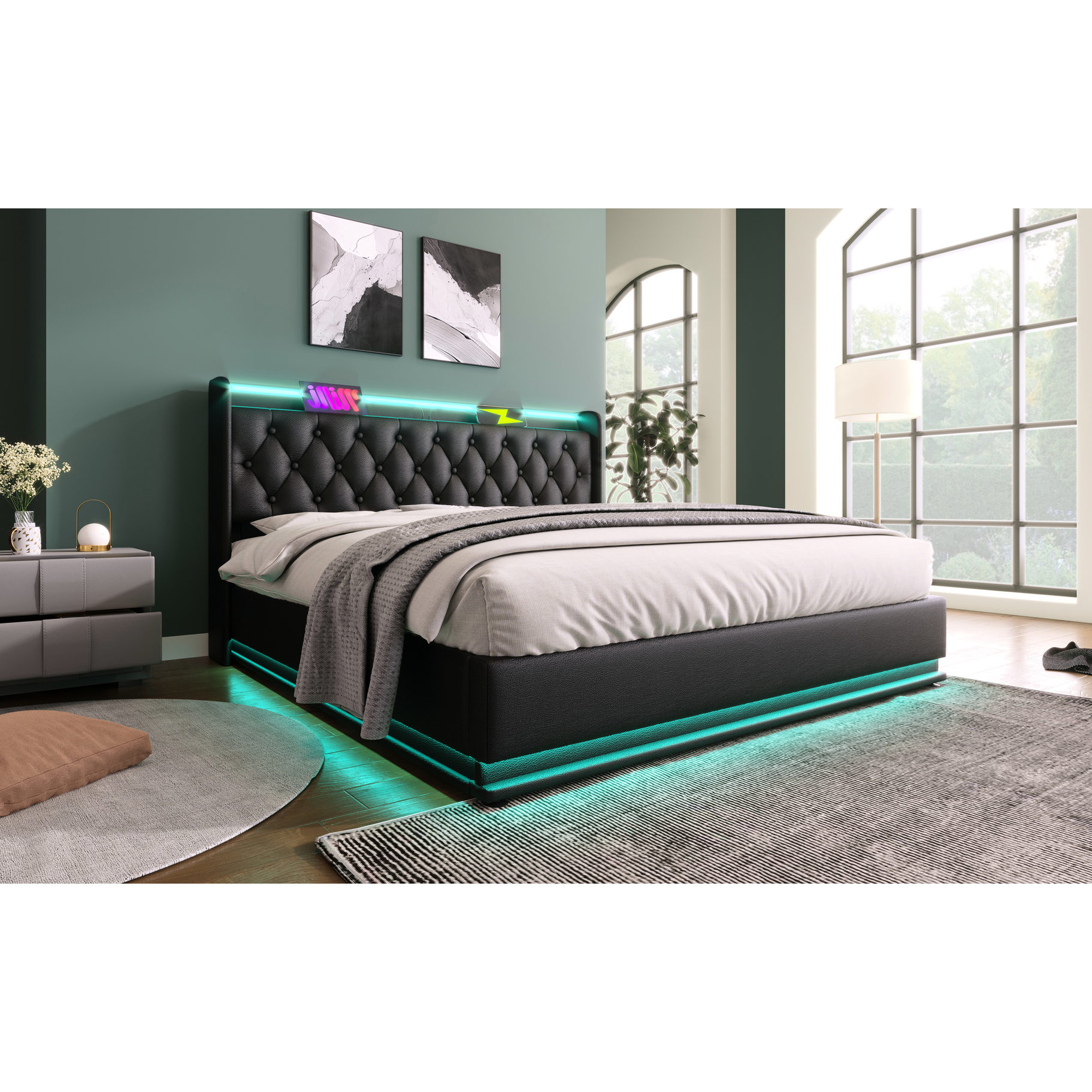 Black Full Size Upholstered Bed | LED Lighting with Timer | Multiple ...