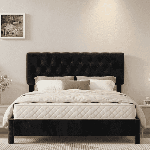 Black Full Size Velvet Upholstered Metal platform bed frame with with Adjustable Tufted Headboard,Fabric Upholstered Headboard and slatted support. Suitable for bedrooms, living rooms, and hotels