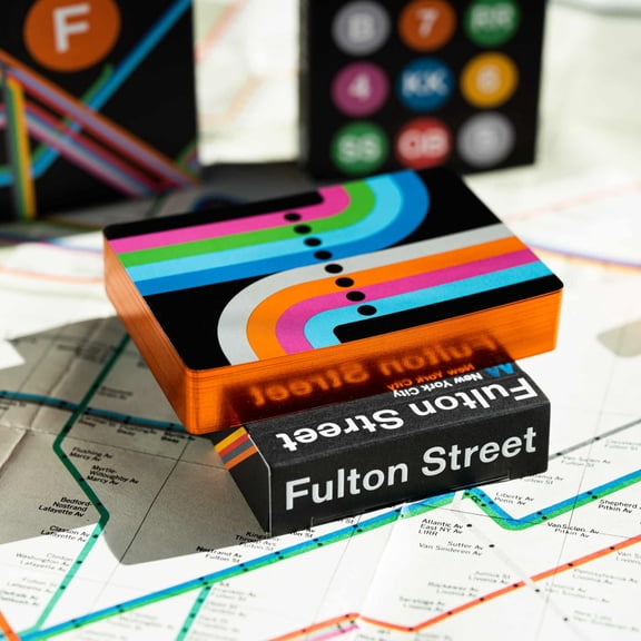 Black Fulton Street MTA (Orange Gilded) Playing Cards (1972 Vignelli Map)