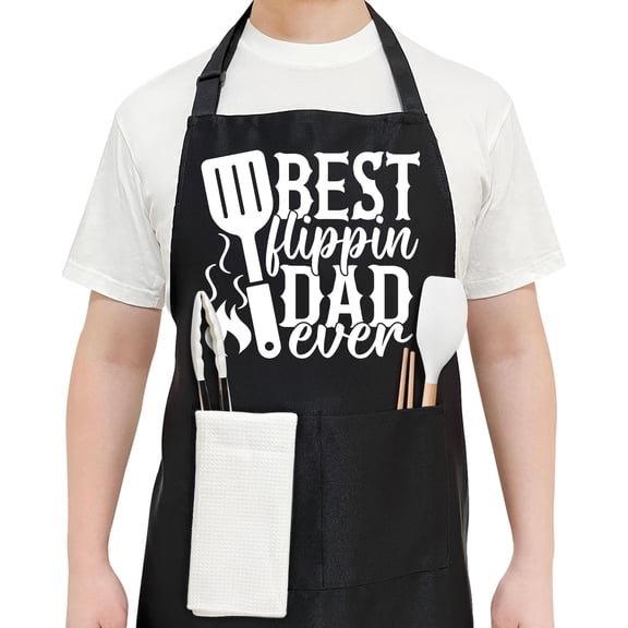 Black Funny BBQ Chefs Aprons for Men Husband Dad PaPa Father''s Day Birthday Valentine''s Day Anniversary Grilling Gifts for Men Adjustable Apron with 2 Pockets Best Flippin Dad Ever - FS763