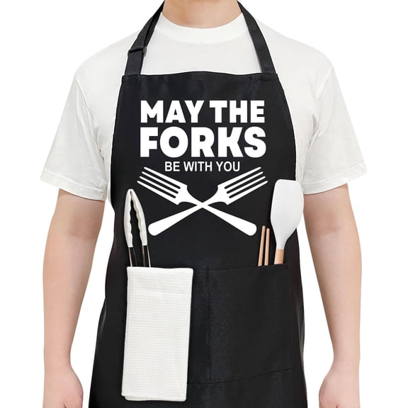 Black Funny BBQ Chefs Aprons for Men Husband Dad PaPa Father''s Day Birthday Valentine''s Day Anniversary Grilling Gifts for Men Adjustable Apron with 2 Pockets May the Forks be with You - FS755