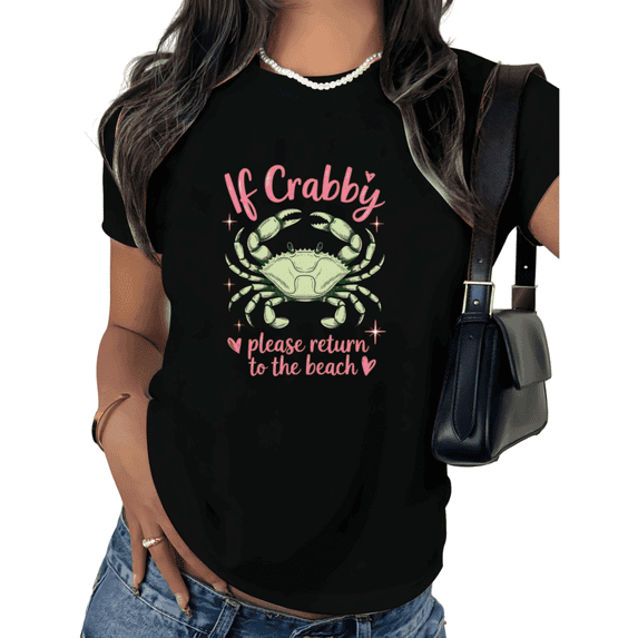 Black Funny Crab Beach Print Tshirt Graphic Tees Summer Beach Humor Graphic Shirts Women Casual Vacation Shirt Size S 5XL Tops