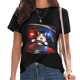 thumbnail image 1 of Black Funny Driving Cat with Police Lights Print Tshirt Graphic Tees Shirts Humorous Cat Lover Casual Tops S-5XL, 1 of 5