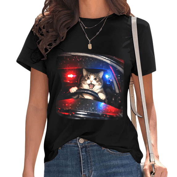 Black Funny Driving Cat with Police Lights Print Tshirt Graphic Tees Shirts Humorous Cat Lover Casual Tops S-5XL