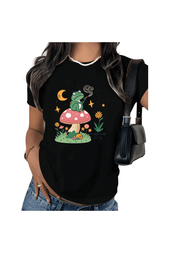 Black Funny Print Graphic Tees Cartoon Frog Sarcastic Aesthetic S-5XL Loose Tops