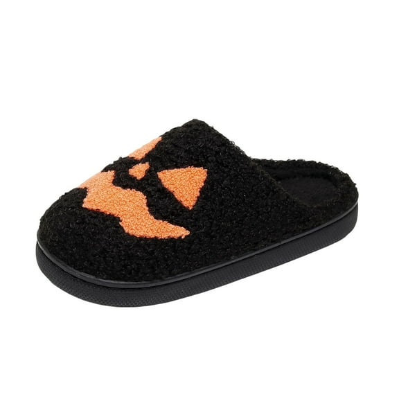 Black Funny Pumpkin Face Slippers For Women Embroidered Design Cozy Indoor Halloween Shoes