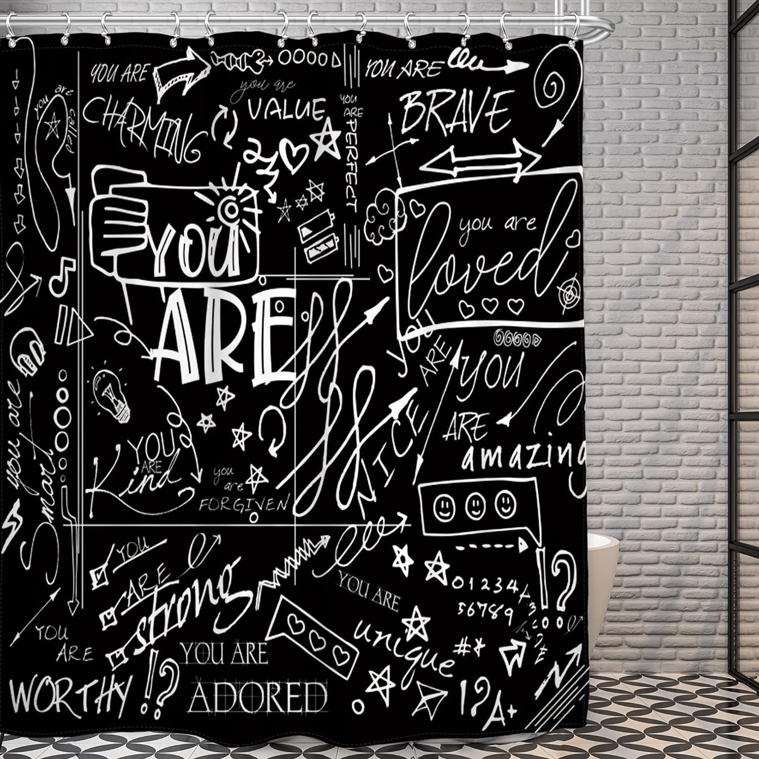 Black Funny Quotes Shower Curtain 72Wx72L Inch for Kids Teens White Inspirational You are Graffiti Abstract Aesthetic Motivational Artwork Cloth Fabric Bathroom Decor Set 12 Pack Hooks