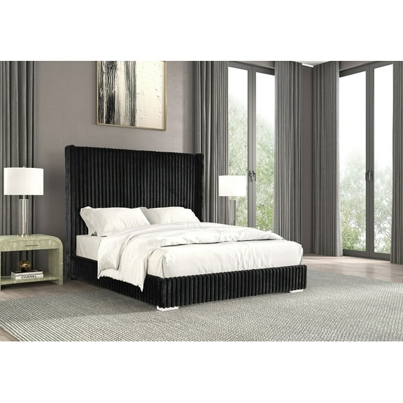 Black Fur Chenille Fabric Bedroom 1pc Twin Size Bed Mattress Ready High Headboard Bedframe