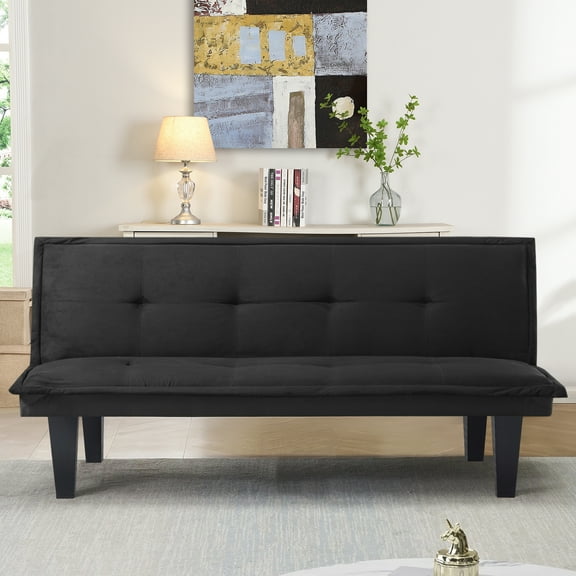 Black Futon Sofa Bed,Modern Faux Suede Convertible Sofa Bed with 3 Adjustable Backrest Angles,Loveseat Sleeper Couch for Living Room Apartment Furniture