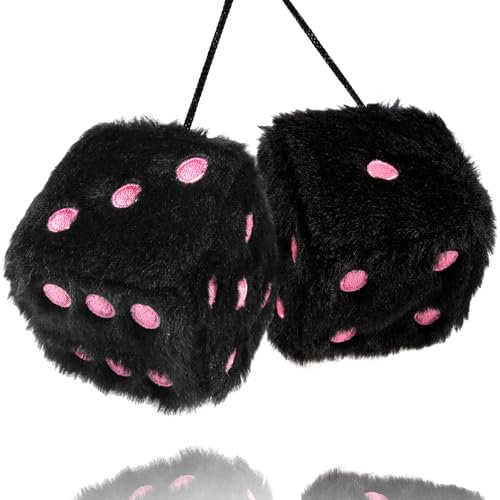 Black Fuzzy Dice for Car Rear View Mirror, Pair of 2.75" Plush Dice Retro Hanging Ornaments Car Interior Rearview Mirror Decor Accessories (Black with Pink Embroidered Dots)