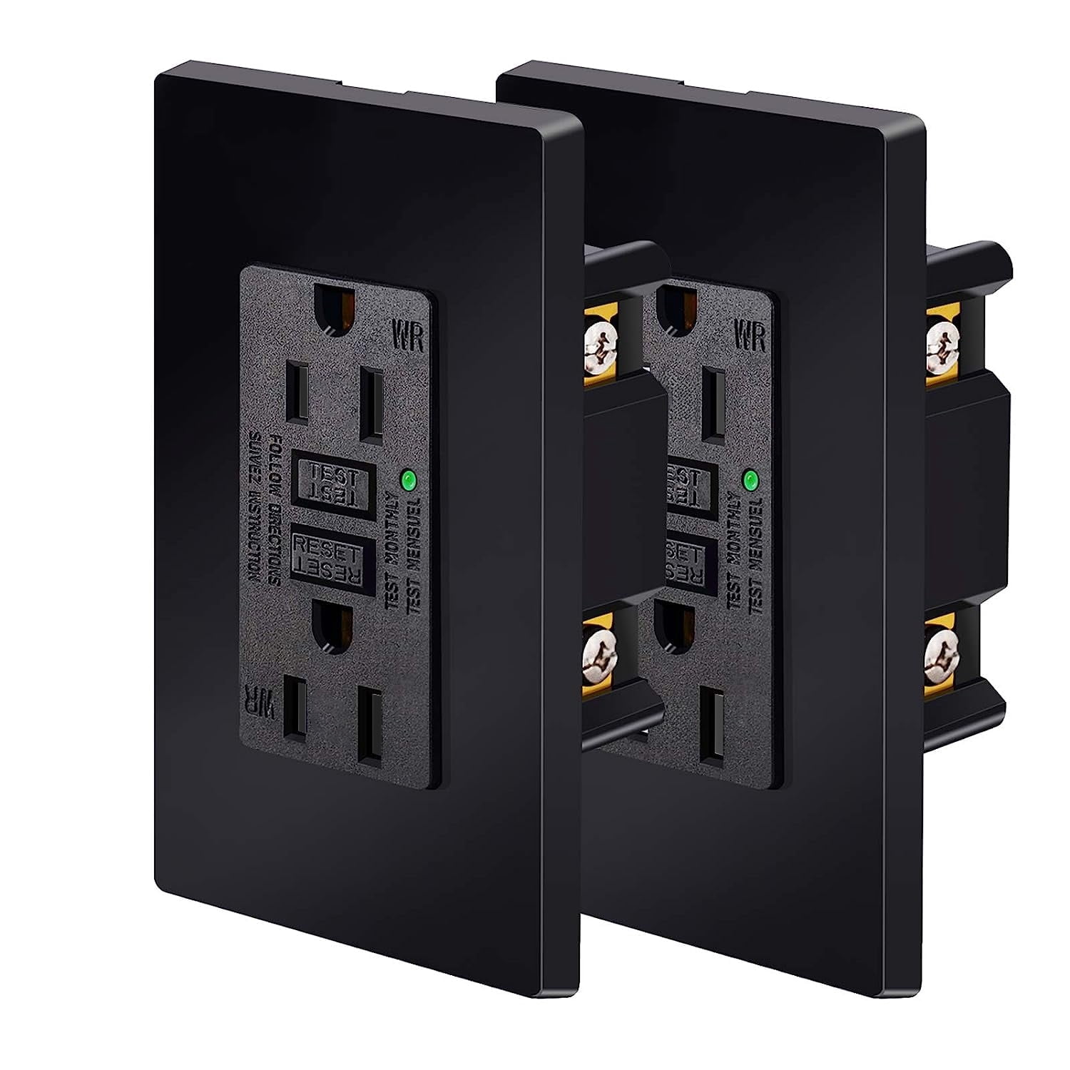 Black GFCI Outlet 15Amp 2PK,Nineleaf Black Outlets Receptacles,GFI Electrical Outlet with LED Indicator,Weather Resistant WR,Ground Fault Circuit Interrupters,120V,Wall Plates and Screws Included,ETL