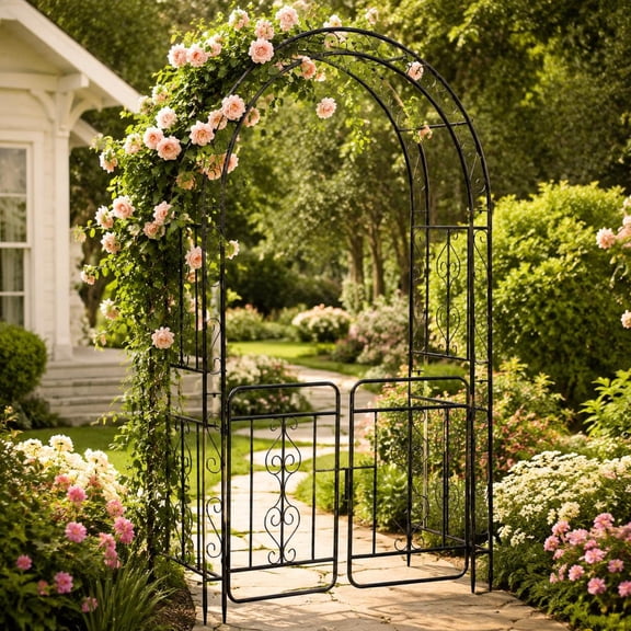 Black Galvanized Metal Garden Arbor with Gate, Reinforced Crossbars, 4 Ground Stakes