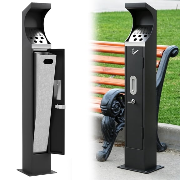Black Galvanized Metal Steel Galvanized Wlocking Removable Inner Standing Ash Trash Can Bin Waste Receptacle Combo For Patio Courtyard Commercial Entrance Smoking Area