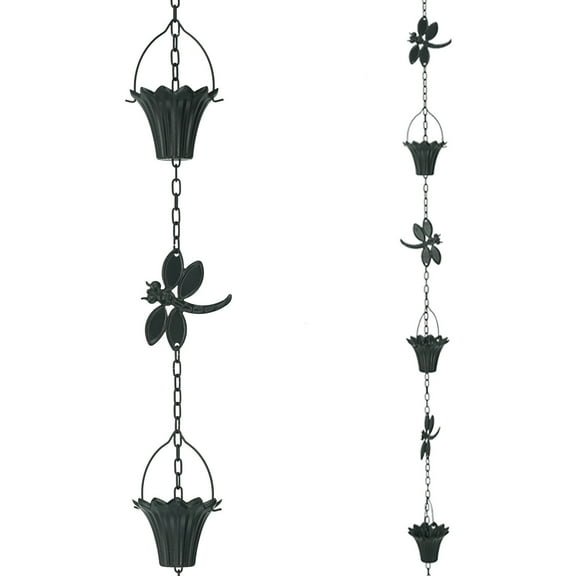 Black Galvanized Rain Chain Gutter Downspout Catcher Outside Water Diverter Decorative Garden Rain Cups Chime Home Dragonflys Frogs Butterflys Decor Black Metal