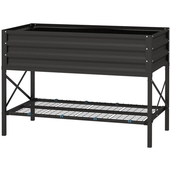 Black Galvanized Steel Raised Garden Bed with Shelf & Liner 37 Gallon Elevated Planter 30" Height for Outdoor Gardening