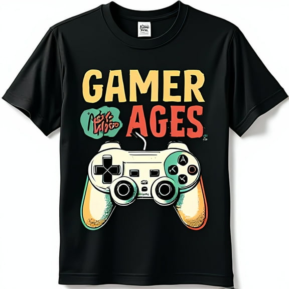 Black Gamer Ages T-Shirt with Bold Yellow Text & Colorful Controller Design