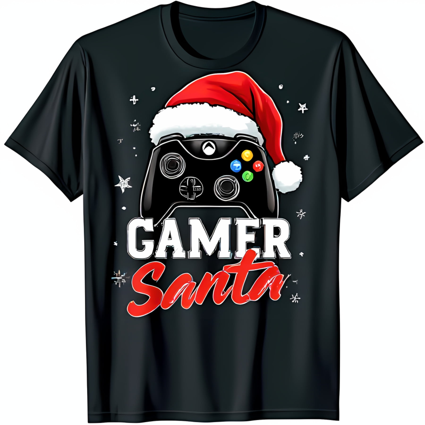 Black Gamer Santa T-Shirt with Red Santa Hat & Controller Graphic ...