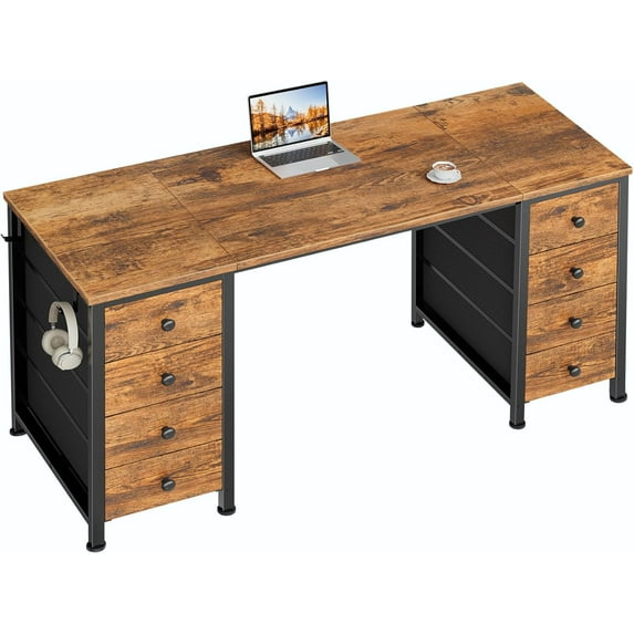 Black Gaming Desk with Fabric Drawers on Both Sides, 55 Inch Home Office Computer Study Writing Work PC Desk with 8 Storage Drawers Storage for Bedroom