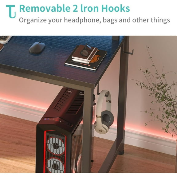 Black Gaming Desk with LED Lights and Power Outlets, 40 Inch Teen Writing Study Table Home Office Desks with Monitor Stand, Computer Desk with Charging Station USB Port, Black