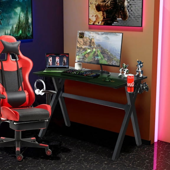 Black Gaming Desk with Mouse Pad Cup Holder Headphone Hook Controller Stands 48.5 Inch X-Shape Steel Frame E-Sports Computer Table Home Office Dorm Use 220lb Capacity Ergonomic Design Space Saving